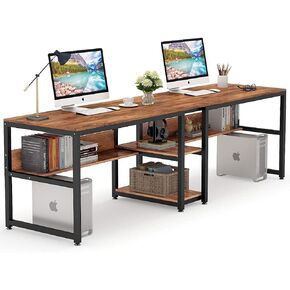 Tribesigns Two Person Desk with Bookshelf, 78.7 Computer Office Double Desk for Two Person, Rustic Writing Desk Workstation with Shelf for Home Office (Brown)