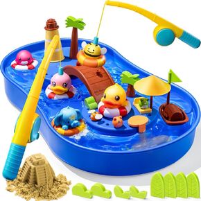 Geyiie Water Playset with Magnetic Fishing Game, 2.2lbs Magic Sand, Beach Toys, Water Toys for Toddlers and Babies - 20.5 x 12.6 x 2.4 Inches