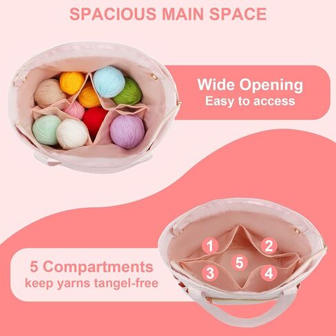 Crochet Bag Organizer for Yarn Storage, Velvet Knitting Tote Bag with Double Handle for Crochet Accessories, Portable Travel Case for Yarn Balls, Crochet Hooks& Knitting Needles Holder (Pink) in Kuwait