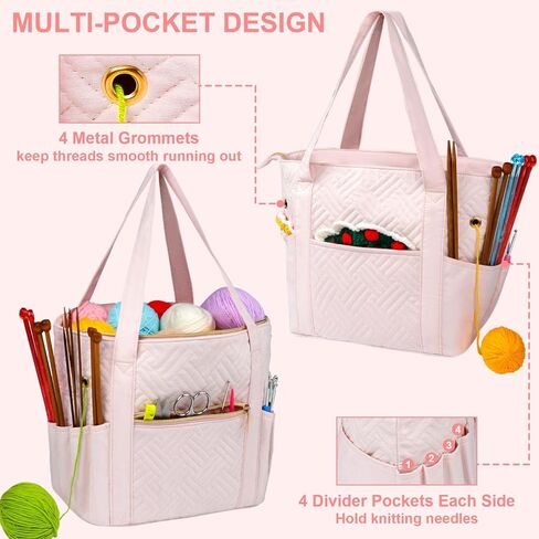 Crochet Bag Organizer for Yarn Storage, Velvet Knitting Tote Bag with Double Handle for Crochet Accessories, Portable Travel Case for Yarn Balls, Crochet Hooks& Knitting Needles Holder (Pink) in Kuwait