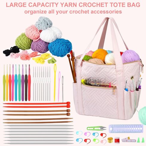 Crochet Bag Organizer for Yarn Storage, Velvet Knitting Tote Bag with Double Handle for Crochet Accessories, Portable Travel Case for Yarn Balls, Crochet Hooks& Knitting Needles Holder (Pink) in Kuwait