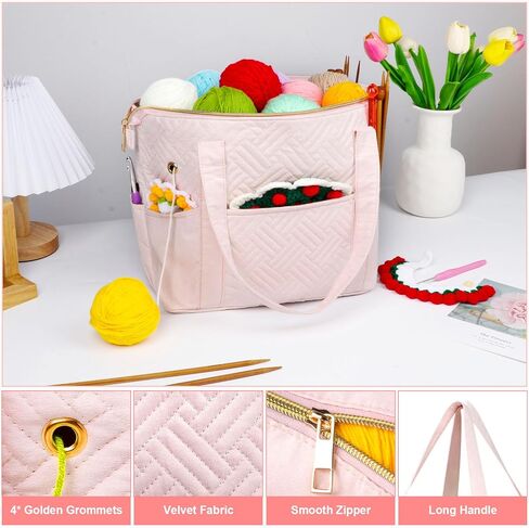 Crochet Bag Organizer for Yarn Storage, Velvet Knitting Tote Bag with Double Handle for Crochet Accessories, Portable Travel Case for Yarn Balls, Crochet Hooks& Knitting Needles Holder (Pink) in Kuwait