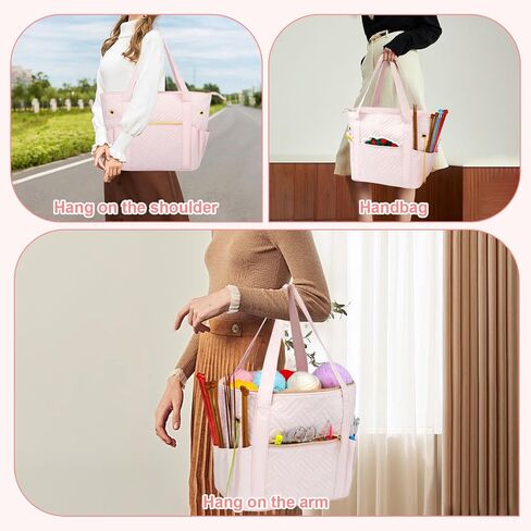 Crochet Bag Organizer for Yarn Storage, Velvet Knitting Tote Bag with Double Handle for Crochet Accessories, Portable Travel Case for Yarn Balls, Crochet Hooks& Knitting Needles Holder (Pink) in Kuwait