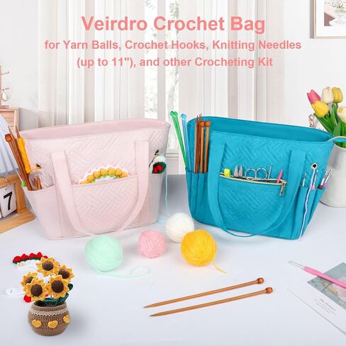 Crochet Bag Organizer for Yarn Storage, Velvet Knitting Tote Bag with Double Handle for Crochet Accessories, Portable Travel Case for Yarn Balls, Crochet Hooks& Knitting Needles Holder (Pink) in Kuwait