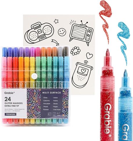 Grabie 24 Colors Glitter Markers Pen, Glitter Metallic Shimmer Marker Extra-Fine Tip Glitter Acrylic Paint Markers, Quick-Drying Water-based Ink Glitter Pens for Adults, DIY Crafts Making in Kuwait