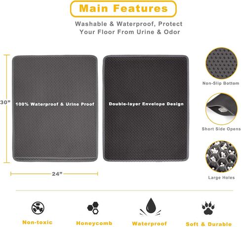 LeToo Cat Litter Mat Grey Trapping for Litter Box, No Slip & Large, Urine & Waterproof, Honeycomb Double Layer Anti Tracking Kitty Mats, No Phthalate, Washable Easy Clean (24" x 15", Grey) in Saudi Arabia