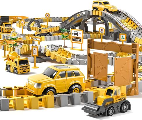 TEMI 236 PCS Construction Toys Race Tracks for 3 4 5 6 Year Old Boys, Flexible Track Playset and 6 PCS Construction Car for Kids Toys, Birthday Gift for Age 3-9 Boys Toddler Girls in Saudi Arabia