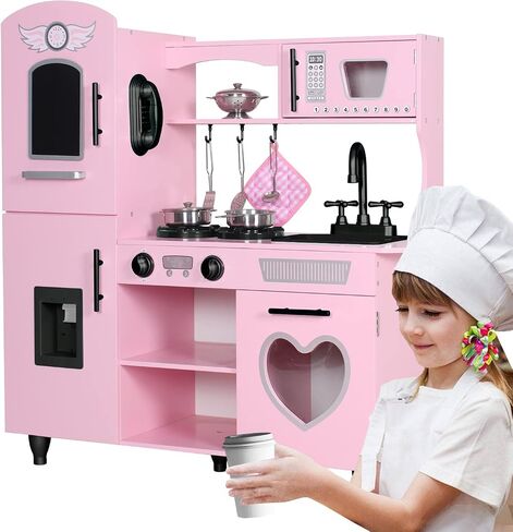 TaoHFE Play Kitchen, Pink Kids Kitchen Set for Girls Kitchen Set for Kids Ages 6-8 Gift Toddler Kitchen Set for Kids Age 3+ Kids Kitchen Playset with Lights & Sounds Wooden Toy Kitchen Playset Gift in Kuwait