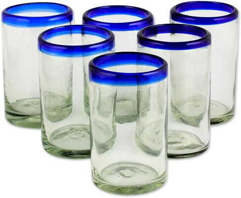 NOVICA Artisan Crafted Hand Blown Clear Blue Rim Recycled Glass Juice Glasses, 4.3In H X 2.6In Diam. 8 Oz. 'Cobalt' (Set Of 6) in Saudi Arabia