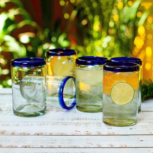 NOVICA Artisan Crafted Hand Blown Clear Blue Rim Recycled Glass Juice Glasses, 4.3In H X 2.6In Diam. 8 Oz. 'Cobalt' (Set Of 6) in Saudi Arabia