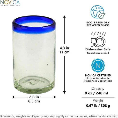 NOVICA Artisan Crafted Hand Blown Clear Blue Rim Recycled Glass Juice Glasses, 4.3In H X 2.6In Diam. 8 Oz. 'Cobalt' (Set Of 6) in Saudi Arabia