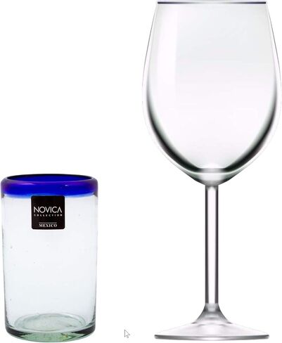 NOVICA Artisan Crafted Hand Blown Clear Blue Rim Recycled Glass Juice Glasses, 4.3In H X 2.6In Diam. 8 Oz. 'Cobalt' (Set Of 6) in Saudi Arabia