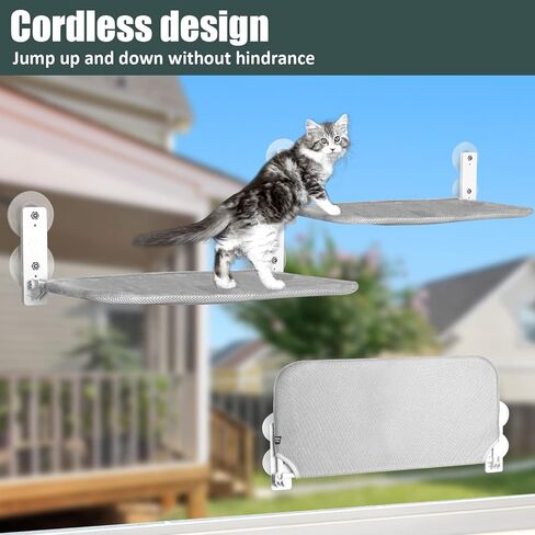 Sunhoo Cat Window Hammock Perch Cordless Perches Window Sill Seat Bed Foldable Stable Lounger Upgraded Suction Cup Easy Assembly Indoor Cats Kitty Shelf Hold Up to 55lbs (Light Gray, M) in Kuwait