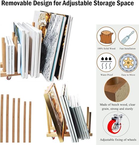 Artwork Storage Rack with Brake Caster Wheels,Art Drying Rack, Canvas Storage Rack,Wood Storage Stand for Drawing Board, Prints, Perfect for Studios,Galleries, Museums, Art Venues (12in) in Saudi Arabia