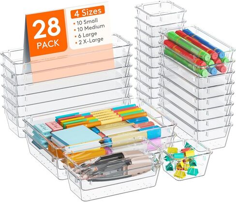 Lifewit Drawer Organizer 28PCS, 4 Sizes Clear Plastic Desk Drawer Dividers, Storage Separation Bins for Make Up, Kitchen Utensils, Vanity Accessories in Office/Bathroom/Bedroom Organization in Kuwait