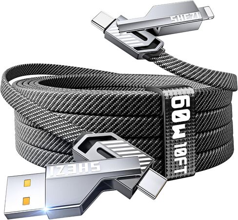 كابل لايتنينج 4 في 1 USB C، 60 وات 5 أقدام، شحن سريع ومزامنة البيانات، مجموعة سلك شاحن مضفر من النايلون المسطح، منافذ شحن متعددة من النوع C/USB A/Lightning لهاتف iPhone 15 iPad MacBook Samsung [نمط SHEZI] in Kuwait