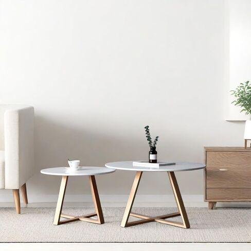 2Pcs Mid-Century Coffee Table Round, Easy Assembly Minimalist Nesting Table Set of2, Natural Wood Tea Table for Livingroom, Office,Balcony,Yard.Separately Use as Side Table Center Table in Saudi Arabia