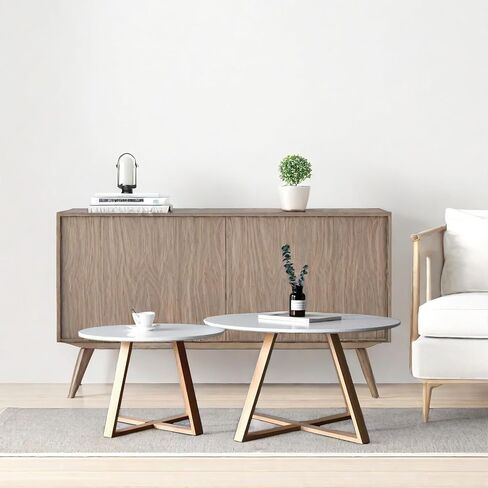 2Pcs Mid-Century Coffee Table Round, Easy Assembly Minimalist Nesting Table Set of2, Natural Wood Tea Table for Livingroom, Office,Balcony,Yard.Separately Use as Side Table Center Table in Saudi Arabia