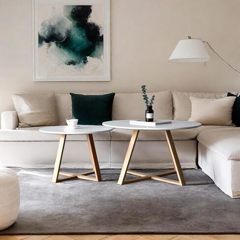 2Pcs Mid-Century Coffee Table Round, Easy Assembly Minimalist Nesting Table Set of2, Natural Wood Tea Table for Livingroom, Office,Balcony,Yard.Separately Use as Side Table Center Table in Saudi Arabia