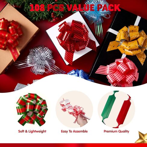 JOYIN 108 PCS Christmas Pull Bows with Ribbon 5" Wide for Gift Wrapping & Gift Tags, Boxing Day Decorations, Holiday Decor Present Wrapping in Saudi Arabia