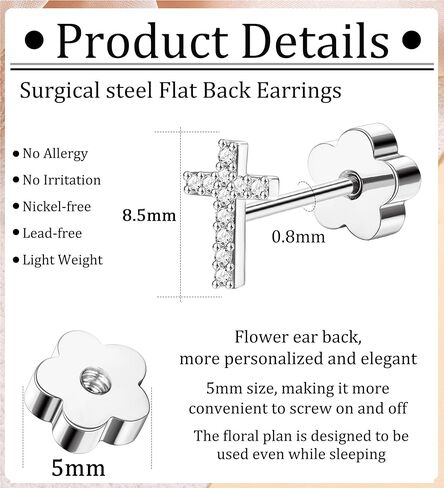 14K الذهب مطلي أقراط صغيرة للفتيات النساء هيبوالرجينيك الجراحية الصلب الغضروف شقة الظهر أقراط الفضة تشيكوسلوفاكيا الصليب اليدوية المسمار الخلفي أقراط الأزرار in Kuwait
