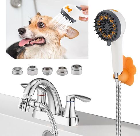 Dog Shower Attachment to Bathroom, Bathtub, Kitchen& Utility Laundry Faucet Washing, High Pressure Pet Wash Cleaning Sprayer with Bath Brush, 4ft Hose, Shower Holder, Sink or Indoor in Saudi Arabia