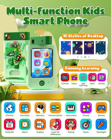 Kids Smart Phone Toys for Boys, Christmas Birthday Gifts for Girls Boys Ages 3-10, Touchscreen Toddler Learning Play Toy Phone with Rotating Camera, Game, Music Player, 8GB SD Card(Green Dinosaur) in Saudi Arabia
