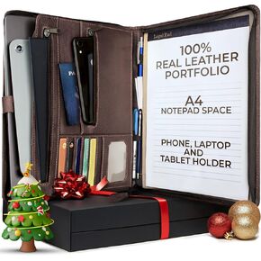Premium Cowhide Leather Portfolio for Men and Women Zipper,Professional Zippered Padfolio,iPad Portfolio Case,Genuin Folio Folder Leather Organizer Planner with Tablet Sleeve,Business Card Holders