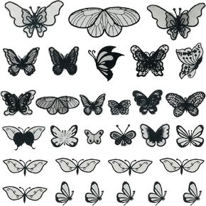 Yayatty 30 Pieces Lace Butterfly Applique Embroidery Butterfly Sew Iron On Patch for Wedding Bridal Dress Sewing Craft DIY Clothes Hair Ornaments ( Black )
