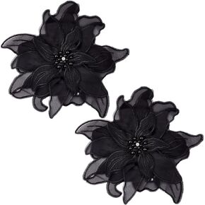 2Pcs 3D Floral Embroidery Applique Black Polyester Lace Flower Appliques Rhinestone Crystal Pearl Bead Sew on Tulle Patches for Sewing Making Clothes Dress Costumes Shirt Skirts Gowns Supply
