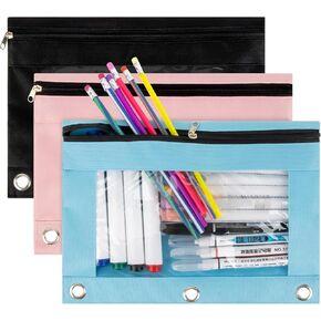 Zipper Pouch for 3 Ring Binder - 3 Pack Binder Storage Pouch with Clear Window Multicolor Binder Pouch with Smooth Zipper Large Capacity Organizing Pouches with 3 Reinforced Grommets for Office
