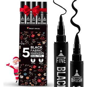 Zenacolor 5 Dual-Tip Black Fabric Markers Permanent for Clothes - Fabric Paint Pens for Personalizing Shirts Bags Hats Canvas and Textiles