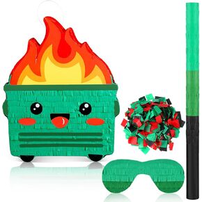 Poen Dumpster on Fire Piñata with Blindfold Bat and Confetti Funny Piñatas for Christmas Carnival Birthday Party Decoration Photo Prop Candy Holder Supplies, 15.75 x 12.6 Inch(Green)