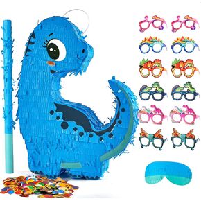 Dinosaur Piñata for Boys, Piñata de Dinosaurio para niños with 12pcs Paper Glasses, Confetti, Wood Stick and Blindfold, Dino Piñata for Birthday Party Decorations (16"*13"*3.5")
