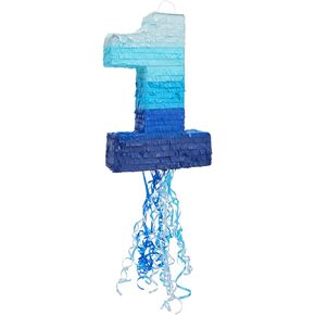 BLUE PANDA Number 1 Pull String Pinata for Boys, 1st Birthday Party Decorations, Ombre Blue (16.5 x 11.5 x 3 In)