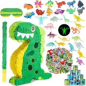 Hanaive 141 Pcs Dinosaur Piñata for Birthday Party, Dino Piñata Set with Blindfold and Baton, 16 x 12 x 3 Inch, Kids Dinosaur Themed Party Favors for Boys and Girls(Lovely Style)
