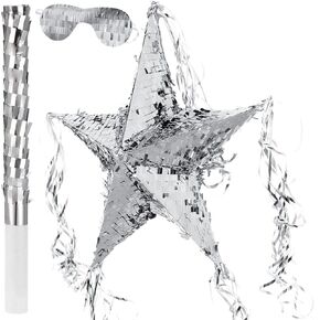 Foil Star Piñata with Blindfold and Bat for Kids Birthday Foldable Star Shape Piñata with Piñata Stick Festive Star Piñata Foil Star Fiesta Party Supplies Favors for Mexican Party Baby Shower, Silver