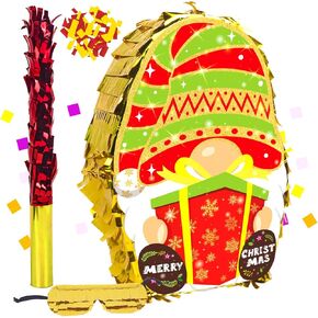 Christmas Pinata with Stick Blindfold and Confetti 16 Inch Christmas Gnome Pinata for Christmas Party Decoration, Cute Xmas Pinata Party Supplies