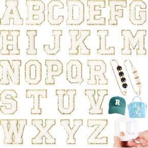 Chenille Letter Patches Self-Adhesive for Bags: NICEVINYL 26PCS White Fuzzy Varsity Patches with Pin Stick on - Initial Letters Embroidered Chenille Sticker for Clothing Hats Backpacks Fabric