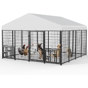 Large Dog Kennel Outdoor Pet Pens Dogs Run Enclosure Animal Hutch Metal Coop Fence with Rotating Bowl