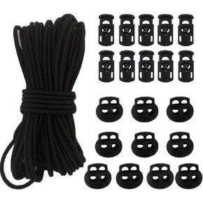 20pcs Plastic Cord Locks with 1/8-Inch 50ft Elastic Cord Heavy Stretch Round String, 10Pcs Sing-Hole, 10pcs Double-Hole Spring Toggle Stopper Slider Black (3mm-Black)