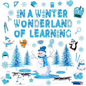 HOWAF Winter Classroom Decoration Bulletin Set, in a Winter Wonderland of Learning Bulletin Board Set, Snow Scene Cutouts Snowman Cutouts for School Home Wall Chalkboard Decorations