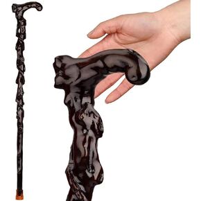 Wood Cane with Supportive Curved Handle, Carving Walking Canes, Handmade Carved Wooden Sticks, Ebony Crutch Stick Gift for Men and Women