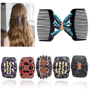 Yeshan Magic Hair Combs for Women Wood Beaded Stretch Double Hair Side Combs Adjustable Elastic Hair Clips Bun Maker Hair Accessories,Pack of 6