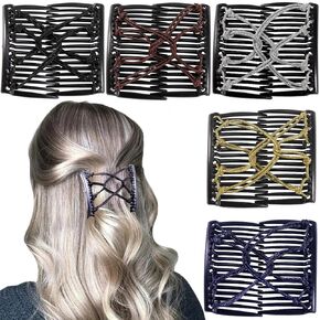 5 Pieces Elastic Magic Hair Comb Stretchy Double Comb Hair Forks Clips for Women Girls Vintage Hairstyle Multipurpose Hair Accessories (Black, Brown, Red, Blue, Purple)