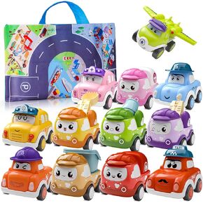Car Toys for 1-3 Year Old Boy Gifts, 12 Sets Pull-Back Mini Trucks with Playmat for Toddlers Age 1-2, Baby Cartoon Cars Toys 12-18 Months, 1st One Christmas Birthday Gifts