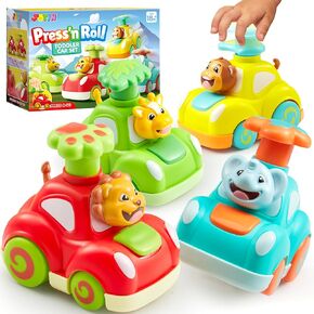 JOYIN Animal Toy Cars, Toddler Toys for Boys Girls, 4 Pack Press and Go Cars Including Elephant, Monkey, Giraffe and Lion, Wind Up Toddler Gift, Birthday Gift for Kids, Easter Basket Stuffers