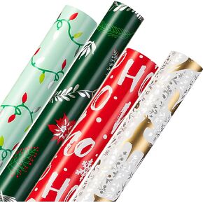 Christmas Wrapping Paper (4 Rolls: 93 sq. ft. ttl) Reindeer, Christmas Pine Tree Leaf, Snowflakes, Rabbit Squirrel Bird Fox - 17 inches x 16.5 feet Per Roll - Holiday Elements Collection for Gifts