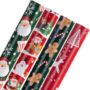 Christmas Wrapping Paper for Gifts (4 Rolls: 93 sq. ft. ttl) Funny Candy Cane Santas, Reindeer, Christmas Tree, Snowflakes - 17 inches x 16.5 feet Per Roll - Christmas Elements Collection