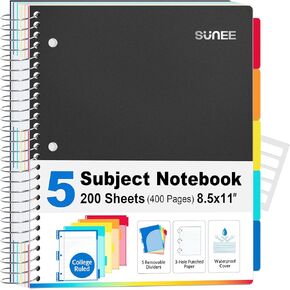 SUNEE 5 Subject Graph Paper Notebook - 400 Pages, 8.5"x11", 4x4 Graph Ruled Notebook, 5 Pocket Colored Dividers, 3-Hole Punched Paper, Black